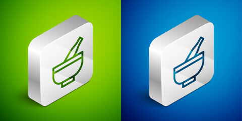 Poster - Isometric line Mortar and pestle icon isolated on green and blue background. Silver square button. Vector