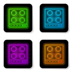 Sticker - Glowing neon line Gas stove icon isolated on white background. Cooktop sign. Hob with four circle burners. Black square button. Vector