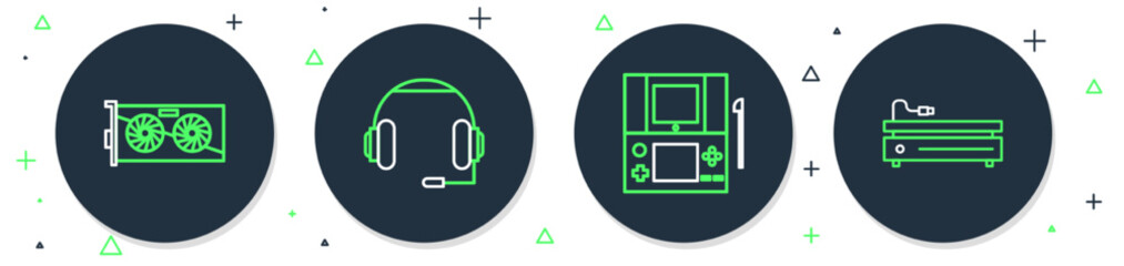 Poster - Set line Headphones, Portable video game console, Video graphic card and icon. Vector