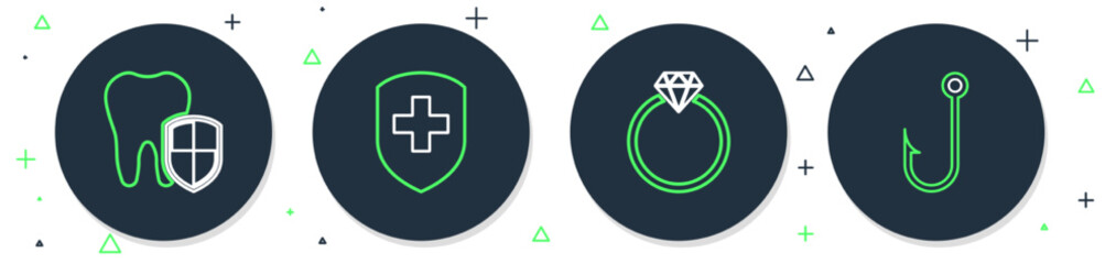 Sticker - Set line Medical shield with cross, Diamond engagement ring, Dental protection and Fishing hook icon. Vector