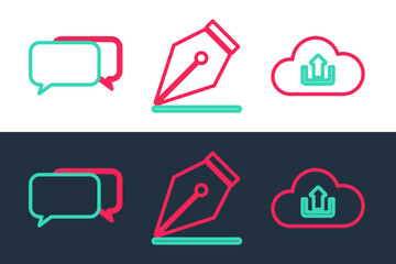 Poster - Set line Cloud upload, Chat and Fountain pen nib icon. Vector