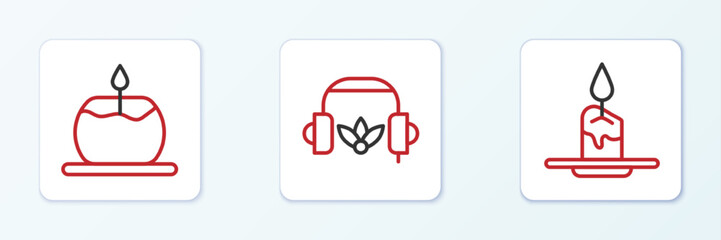 Wall Mural - Set line Aroma candle, and Headphones for meditation icon. Vector