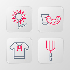 Poster - Set line Garden pitchfork, Embroidered shirt, Glass with vodka and Sunflower icon. Vector