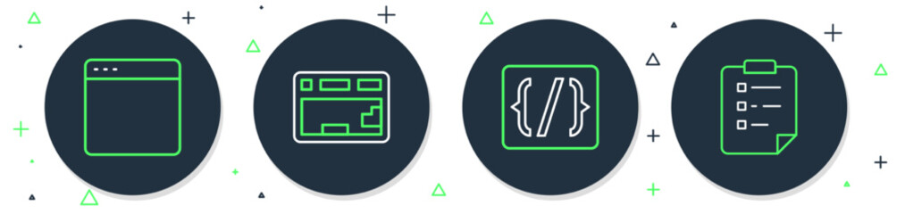 Set line Keyboard, Programming language syntax, Browser window and Clipboard with checklist icon. Vector