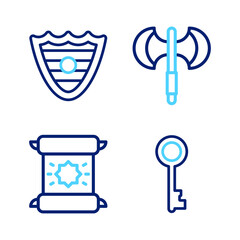 Sticker - Set line Old key, Decree, parchment, scroll, Medieval poleaxe and Shield icon. Vector