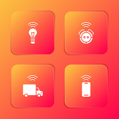 Wall Mural - Set Smart light bulb, Robot vacuum cleaner, truck and Wireless smartphone icon. Vector