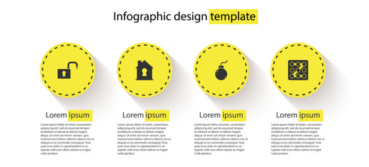 Canvas Print - Set Open padlock, House under protection, Bomb ready to explode and Graphic password. Business infographic template. Vector