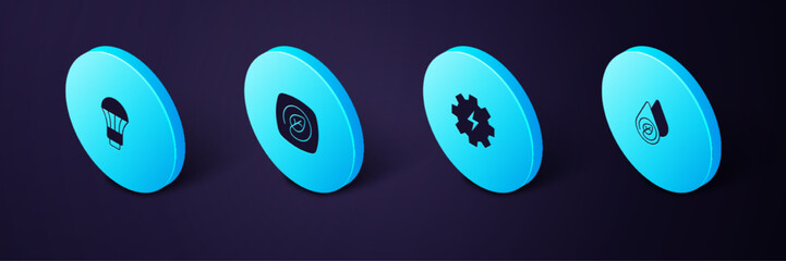 Sticker - Set Isometric Water energy, Gear and lightning, Location with leaf and LED bulb icon. Vector