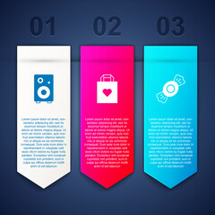 Sticker - Set Stereo speaker, Shopping bag with heart and Candy. Business infographic template. Vector