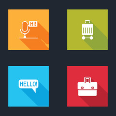 Sticker - Set Microphone voice device, Suitcase, Hello in different languages and Briefcase icon. Vector