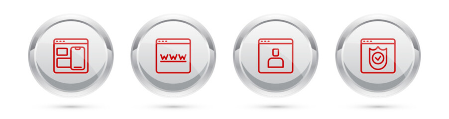 Set line Web developer programming code, Browser window, Create account screen and with shield. Silver circle button. Vector