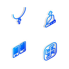 Poster - Set Isometric line Buddhist monk, Christian cross chain, The commandments and Jainism icon. Vector