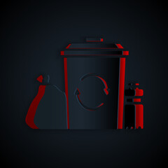 Wall Mural - Paper cut Recycle bin with recycle symbol icon isolated on black background. Trash can icon. Garbage bin sign. Recycle basket. Paper art style. Vector Illustration