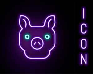 Canvas Print - Glowing neon line Pig icon isolated on black background. Animal symbol. Colorful outline concept. Vector