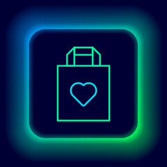 Poster - Glowing neon line Shopping bag with heart icon isolated on black background. Shopping bag shop love like heart icon. Valentines day symbol. Colorful outline concept. Vector