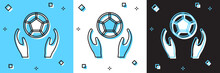 Set Soccer Football Ball Icon Isolated On Blue And White, Black Background. Sport Equipment. Vector