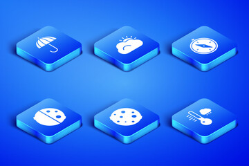 Sticker - Set Meteorology thermometer, Umbrella, Moon, Eclipse of sun, Sun and cloud and Compass icon. Vector