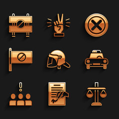 Sticker - Set Police helmet, Petition, Scales of justice, car and flasher, Crowd protest, Protest, X Mark, Cross in circle and Road barrier icon. Vector