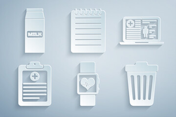 Poster - Set Smart watch heart beat rate, Medical clinical record, Clinical, Trash can, Notebook and Paper package for milk icon. Vector