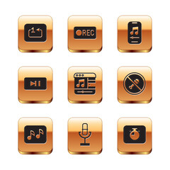 Sticker - Set Repeat track music player, Music note, tone, Microphone, Pause button, Stopwatch and Record icon. Vector