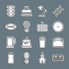 Sticker - Set line Stacks paper money cash, Car battery, Circular saw blade, Table lamp, Industrial hook, American Football ball, Traffic light and Heating radiator icon. Vector