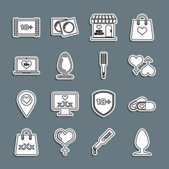 Canvas Print - Set line Anal plug, Pills for potency, Male and female heart, Sex shop building, Laptop with 18 plus content, Play Video and Spanking paddle icon. Vector