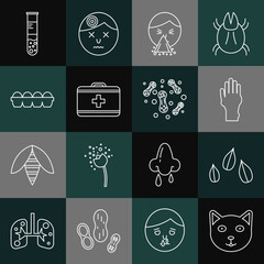 Wall Mural - Set line Pet, Sesame seeds, Hand with psoriasis or eczema, Handkerchief to his runny nose, First aid kit, Chicken egg in box, Test tube flask and Bacteria icon. Vector