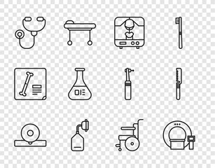 Sticker - Set line Otolaryngological head reflector, Tomography, X-ray machine, Medical oxygen mask, Stethoscope, Test tube and flask, Wheelchair for disabled person and saw icon. Vector