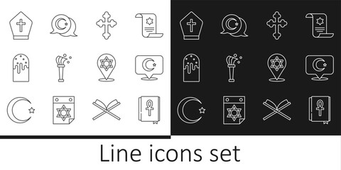 Sticker - Set line Cross ankh book, Star and crescent, Christian cross, Aspergillum, Easter cake, Pope hat, of David and icon. Vector