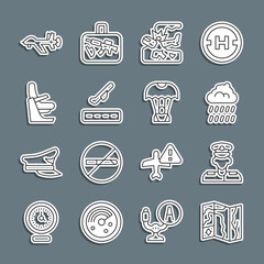 Sticker - Set line World travel map, Pilot, Cloud with rain, Plane crash, takeoff, Airplane seat, UAV Drone and Parachute icon. Vector