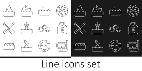 Sticker - Set line Diving mask and snorkel, Life jacket, Submarine, Periscope, Paddle, Iceberg, Binoculars and Cruise ship icon. Vector