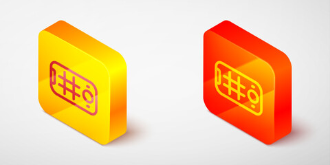 Sticker - Isometric line Selfie on mobile phone icon isolated on grey background. Yellow and orange square button. Vector