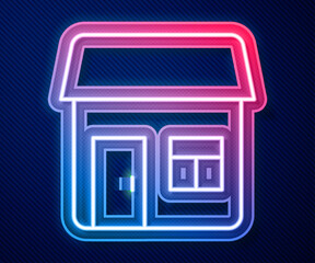 Wall Mural - Glowing neon line House icon isolated on blue background. Home symbol. Vector