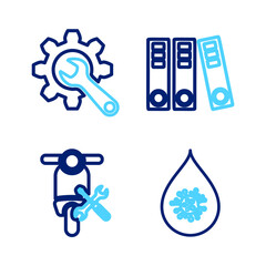 Sticker - Set line Dirty water drop, Scooter service, Office folders and Wrench and gear icon. Vector