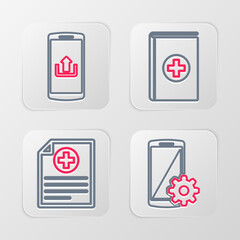 Sticker - Set line Setting on smartphone, Clinical record, Medical book and Smartphone with upload icon. Vector