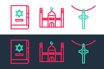 Poster - Set line Christian cross on chain, Jewish torah book and Muslim Mosque icon. Vector