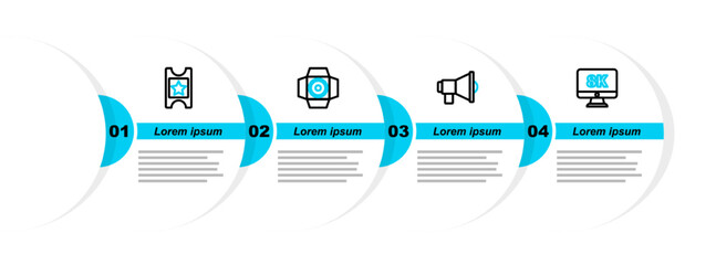 Poster - Set line Monitor with 8k, Megaphone, Movie spotlight and Cinema ticket icon. Vector