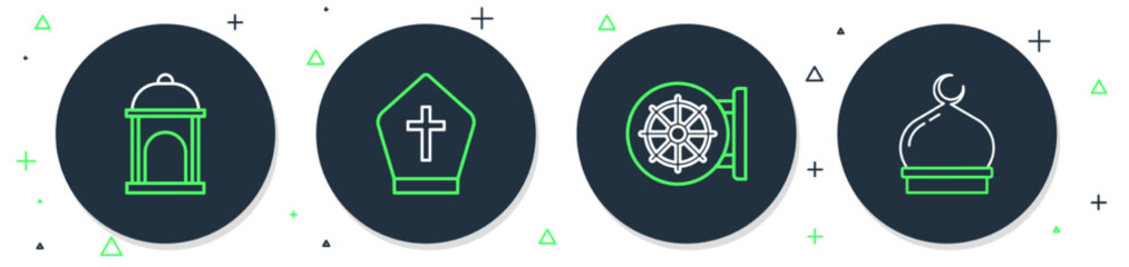 Sticker - Set line Pope hat, Dharma wheel, Muslim Mosque and icon. Vector