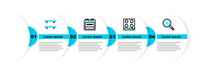 Poster - Set line Frying pan, Gas stove, Oven and Empty wooden shelves icon. Vector