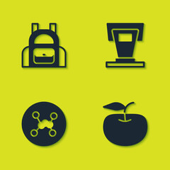 Poster - Set School backpack, Apple, Chemical formula and Stage stand icon. Vector