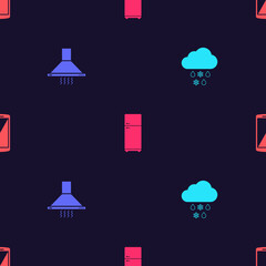 Sticker - Set Cloud with snow and rain, Kitchen extractor fan, Refrigerator and Smartphone, mobile phone on seamless pattern. Vector