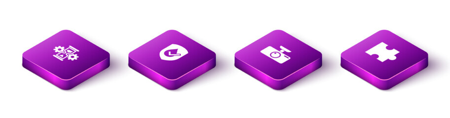 Sticker - Set Isometric Hourglass and gear, Waterproof, Car DVR and Piece puzzle icon. Vector