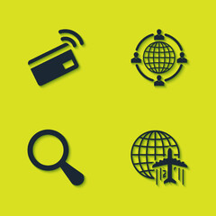 Wall Mural - Set Contactless payment, Globe with flying plane, Magnifying glass and Outsourcing concept icon. Vector