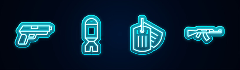 Poster - Set line Pistol or gun, Rocket launcher, Military dog tag and Submachine. Glowing neon icon. Vector