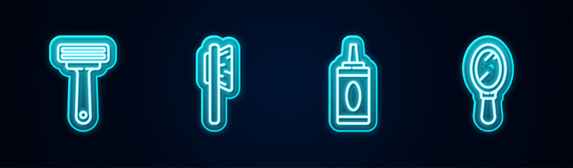 Sticker - Set line Shaving razor, Hairbrush, Bottle of shampoo and Hand mirror. Glowing neon icon. Vector