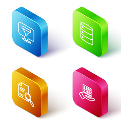 Sticker - Set Isometric line Location with sales funnel, Server, Data, Web Hosting, Document search and icon. Vector