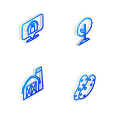 set isometric line tree, location farm house, farm and potato icon. vector