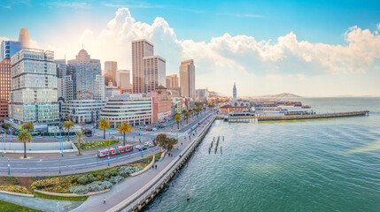 Wall Mural - Aerial: San Francisco cityscape in downtown and the shore. Drone view 
