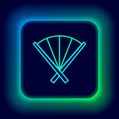 Sticker - Glowing neon line Traditional paper chinese or japanese folding fan icon isolated on black background. Colorful outline concept. Vector