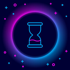 Sticker - Glowing neon line Old hourglass with flowing sand icon isolated on black background. Sand clock sign. Business and time management concept. Colorful outline concept. Vector